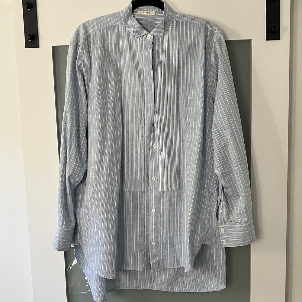 Celine Blue and White Pinstripe Mandarin-Collar Shirt
